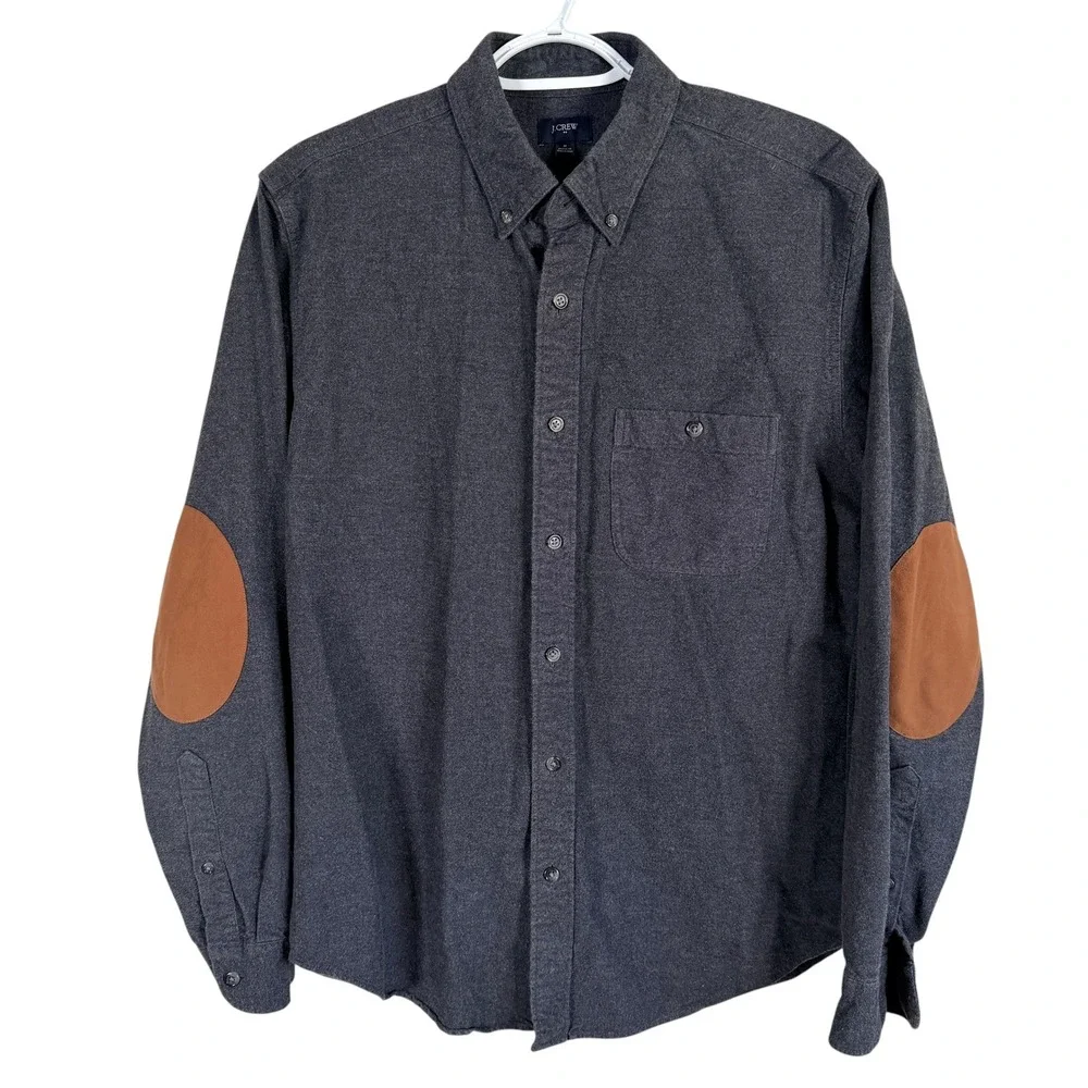 J.Crew Flannel Button‎ Down Shirt Mens M Charcoal Grey Elbow Patches Cotton